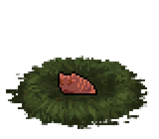 Pixel art of an orange-brown slugpup with brighter orange stripes.